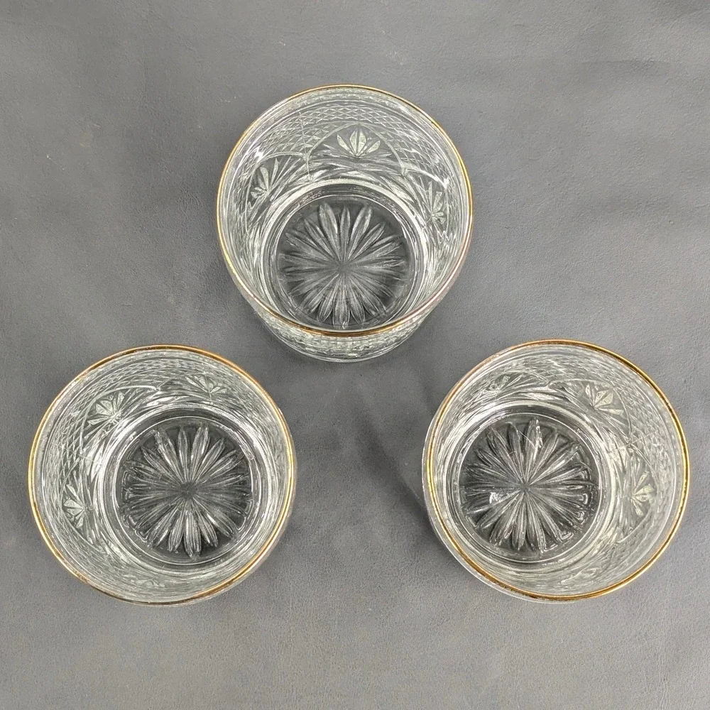 Vintage Cut Glass Gold Rim Rocks Glasses Set of 3 Diamond Fan Pattern Barware